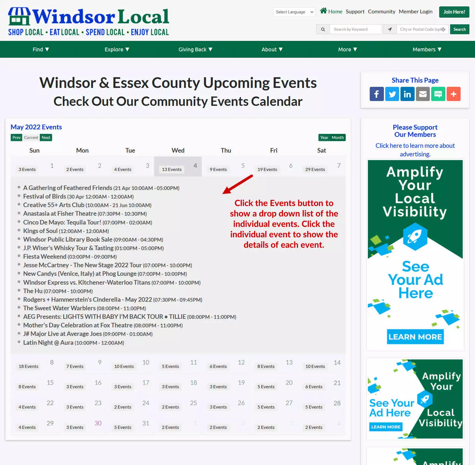 Windsor Local Events Calendar view