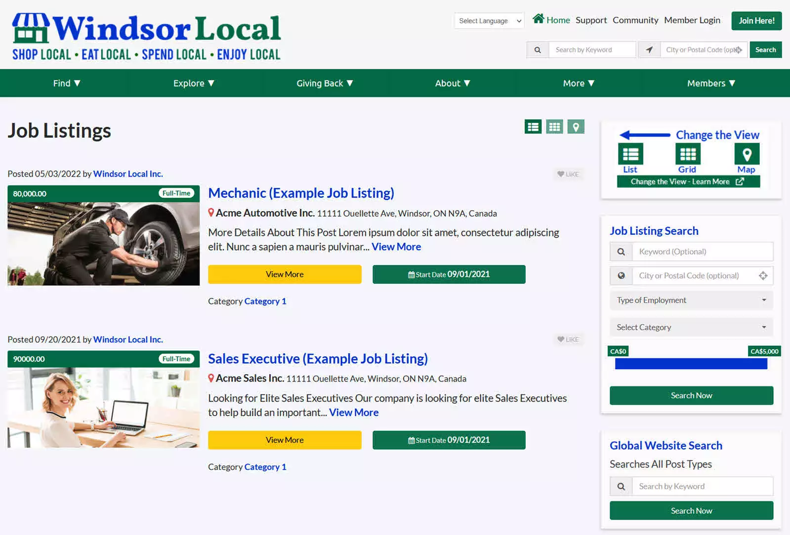 Windsor Local Job Listing Search Summary Results view