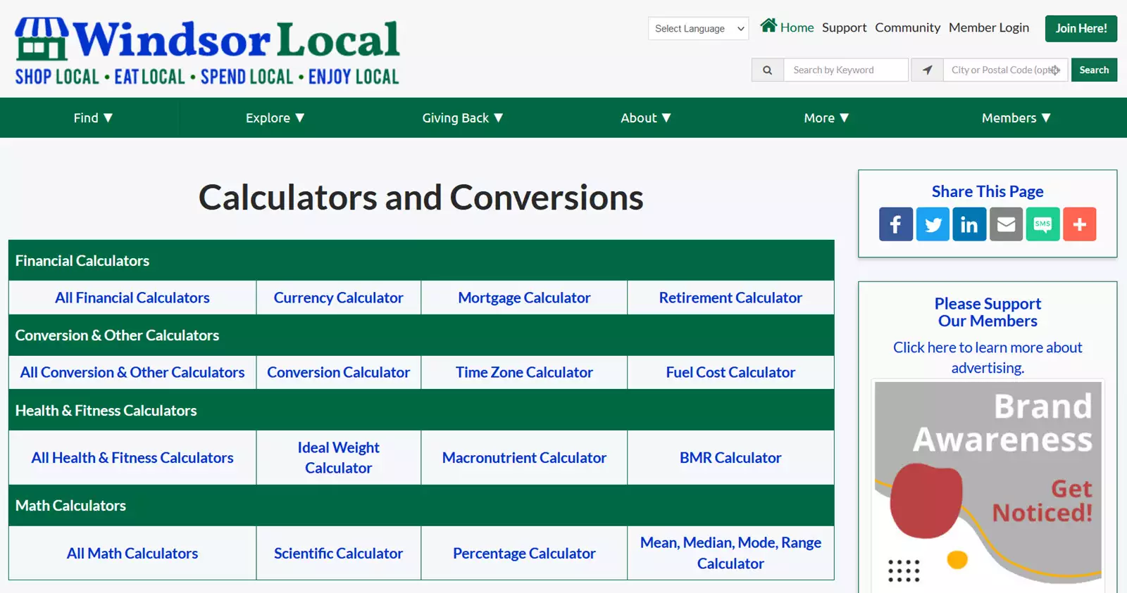 Windsor Local More - Calculators & Conversions view