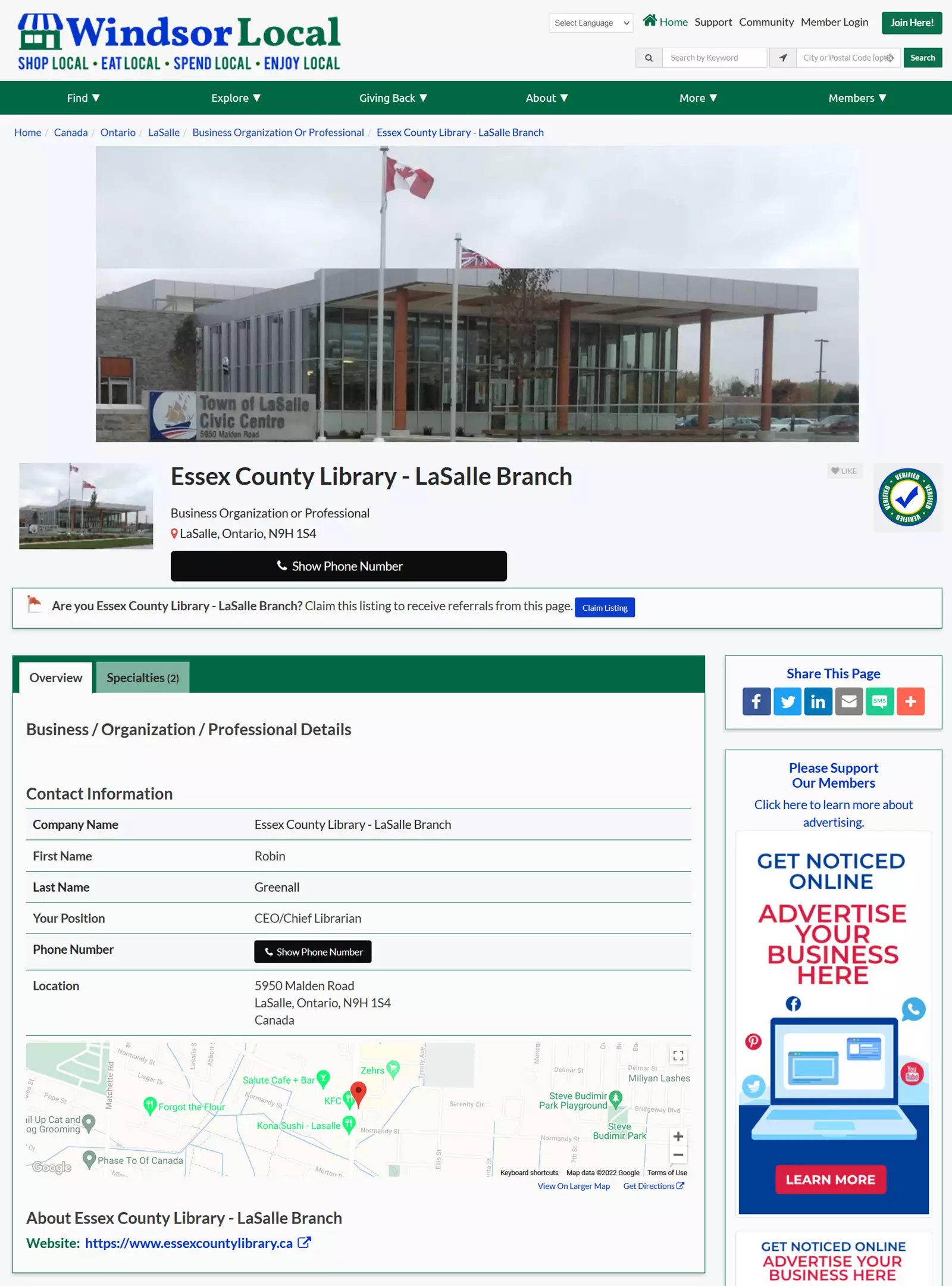 Windsor Local Libraries Details view