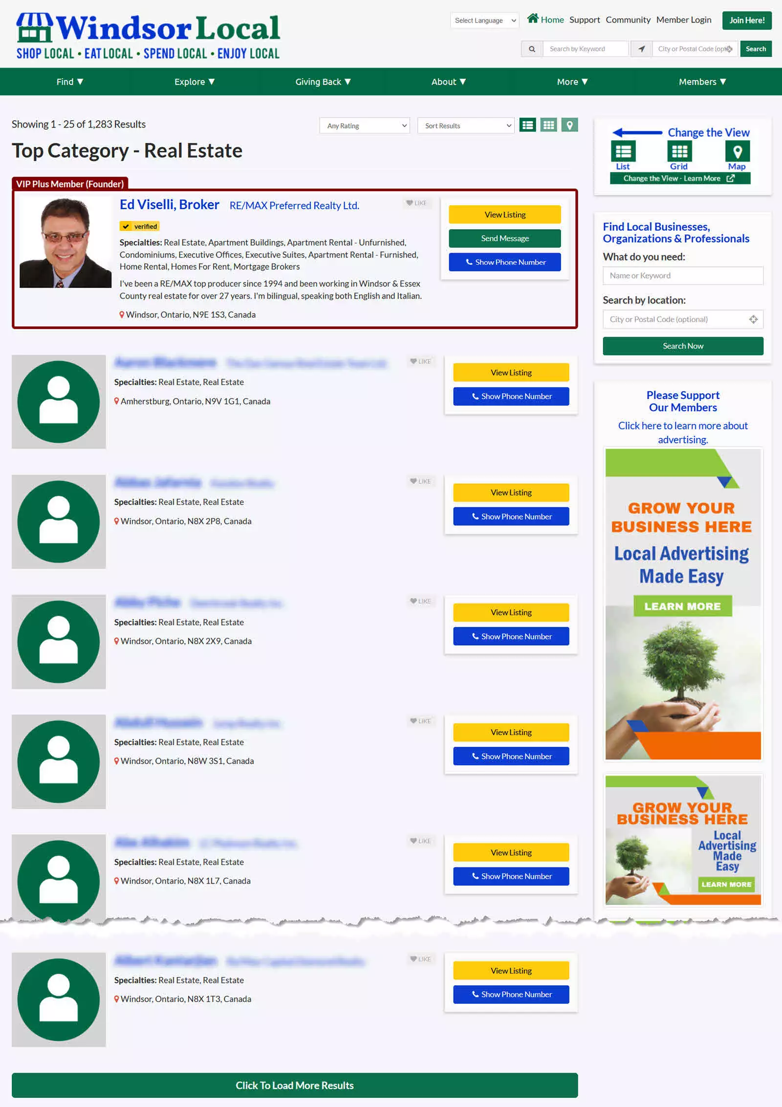 Windsor Local Realtor Search Summary Results view