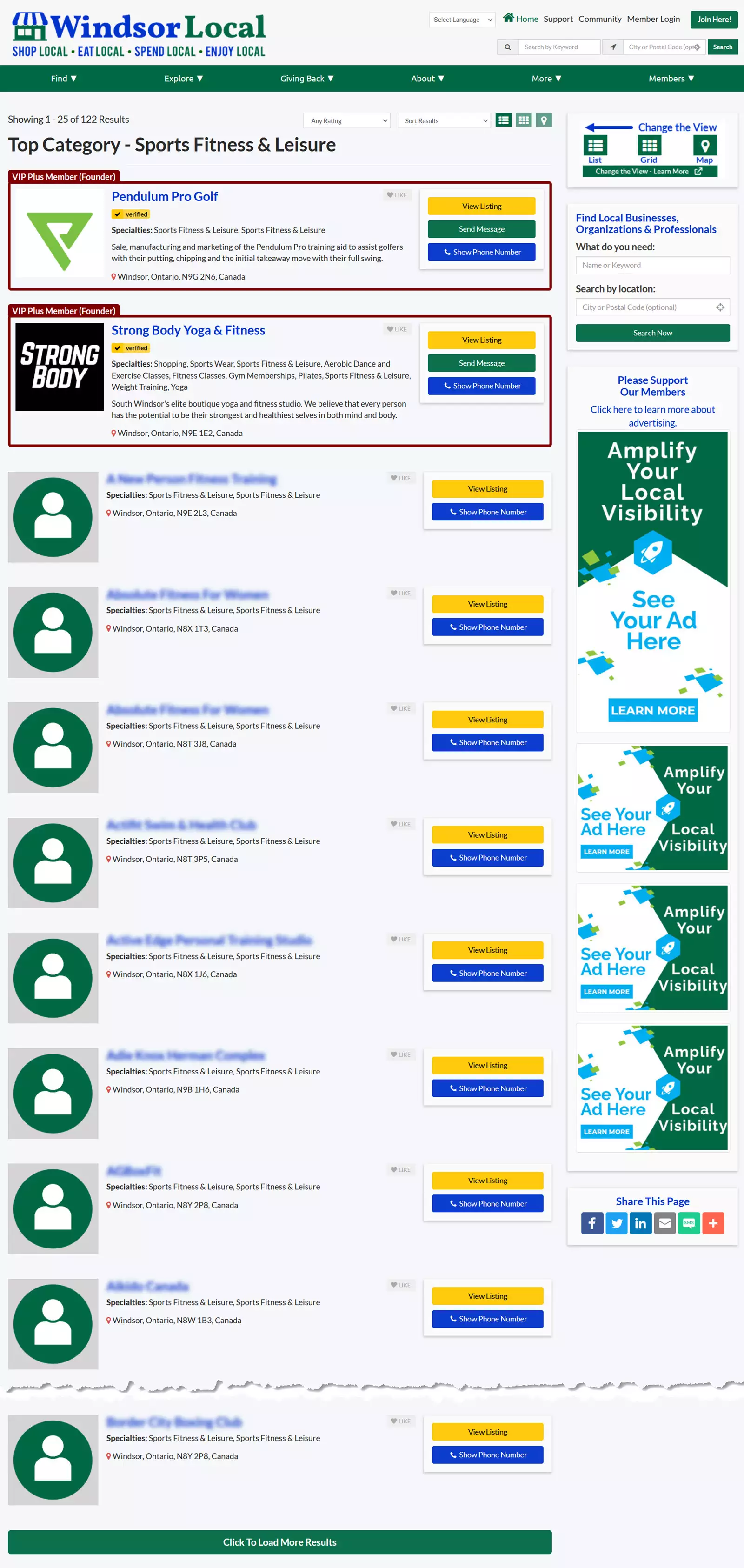 Windsor Local Sports, Fitness & Leisure Search Summary Results view